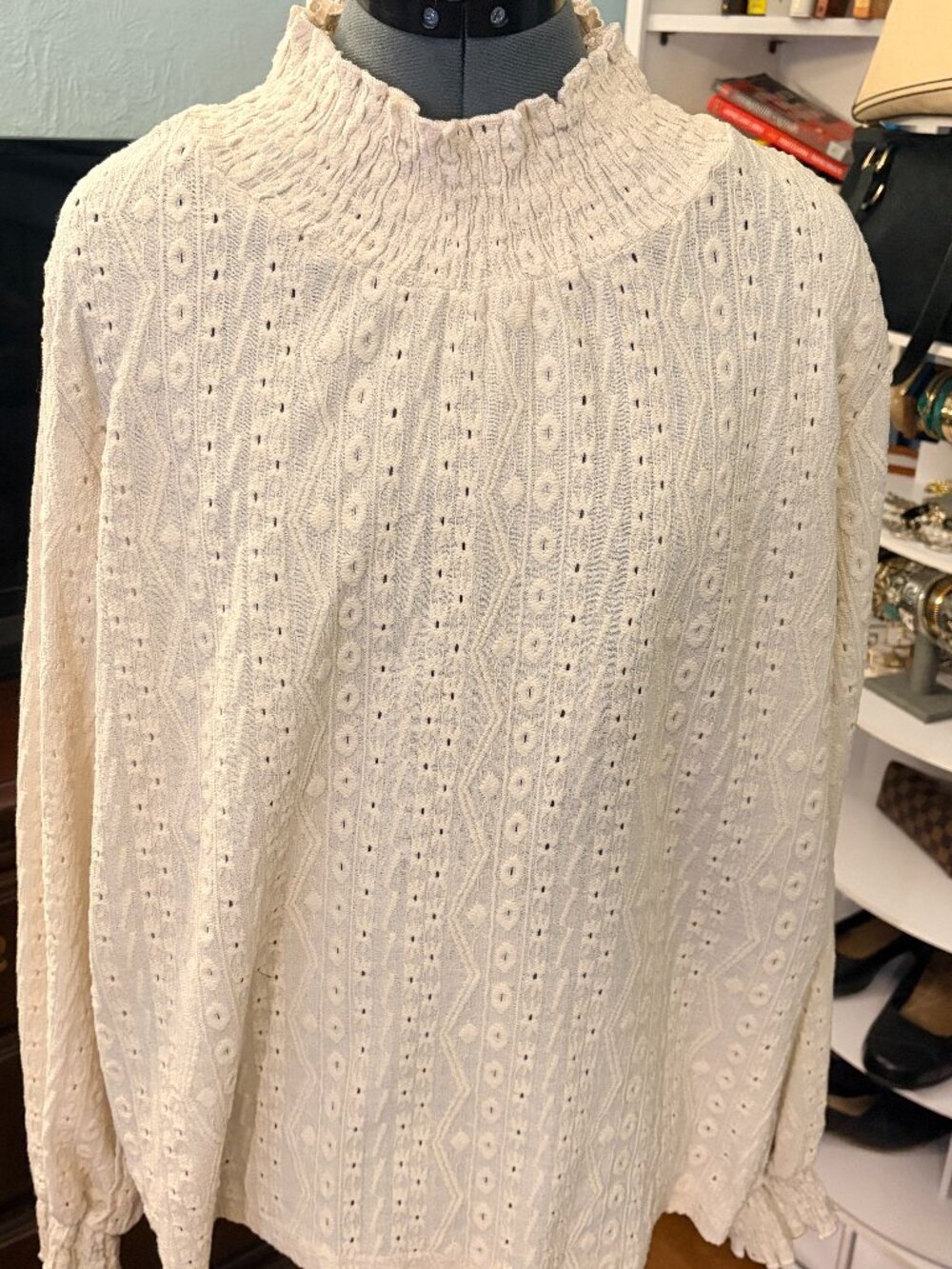 Cream Smocked Mock Neck Textured Blouse Lightweight Cottagecore Grandmacore Top